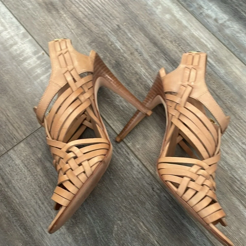 TORY BURCH Nadia brown woven leather logo detail huarache sandals heels 9.5